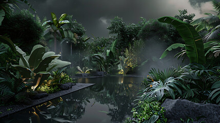 midnight jungle dreams, midnight landscape with shadowy greenery, stone structures, black pool under soft light, moody color palette, and ethereal quality