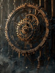 Obraz premium Clockwork city with gears and cogs emitting delicate smoke.