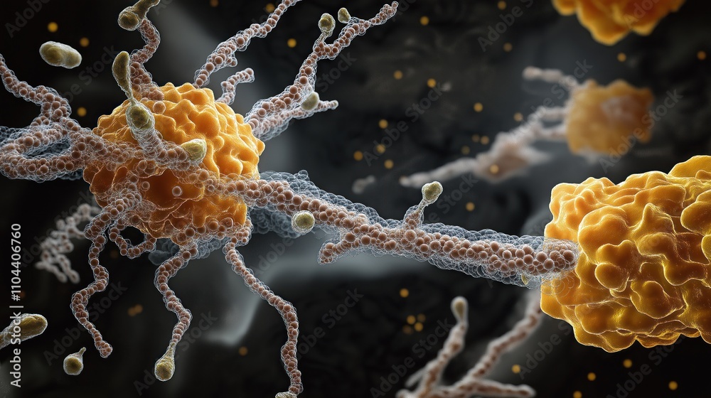 Aufkleber Microscopic view shows dynamic protein crosslinking. Actin, spectrin proteins interact. Cell cytoskeleton structure highlighted. Complex cellular mechanisms revealed. Biomolecule interactions visible.