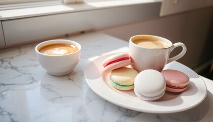 Fototapeta premium A plate of delicate freshly baked macarons in pastel colors, paired with a creamy cappuccino. The scene is set on a marble countertop with sunlight streaming through a window adding warmth.