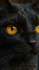 Close-up of a black cat&rsquo;s scary eyes with fractal burst background.