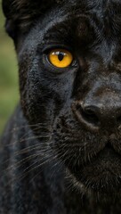 Close-up of a black panther's face with intense yellow eyes.