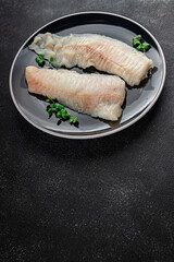 Raw fish fillet fresh tasty food dish delicious gourmet food background on the table rustic food top view copy space keto and paleo diet pescetarian