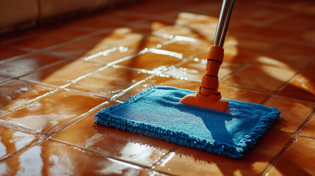
A stock photo depicting a flat wet-mop made of microfiber wiping a tiled terracotta floor would showcase a clean, practical, and inviting scene.