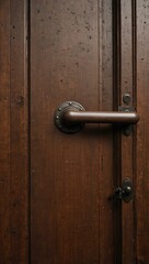 Fototapeta premium Close-up of a brown wooden door with a metal handle.