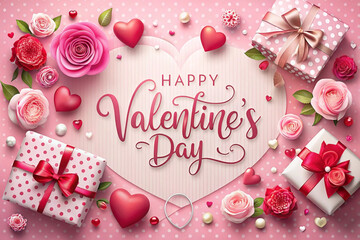 Happy Valentine's Day greeting card with roses, hearts, gifts, and pearls on pink background.