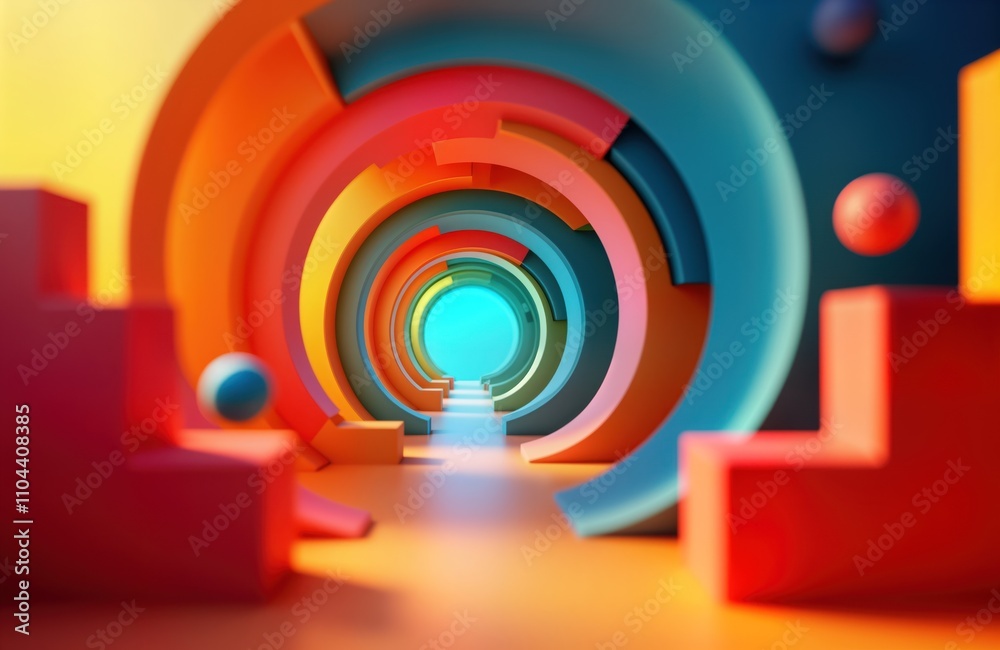 Fototapete Abstract colorful spiral shapes, geometric elements create vibrant design. Vivid colors, 3D shapes suggest futuristic tunnel pathway. Dynamic geometric design. Colorful pathway. Modern art. Geometric
