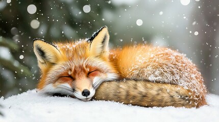 Obraz premium Red Fox Sleeping in Snow with Head on Back