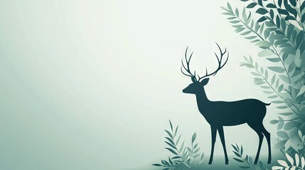   A deer with antlers stands against a green backdrop of leaves and branches