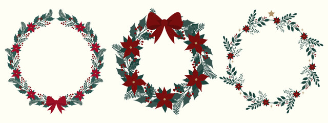 Set of floral Christmas wreaths on light background. Trendy Winter Holidays art template. Vector illustration.