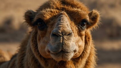 Fototapeta premium Close-up of a camel's face with a cheerful expression.