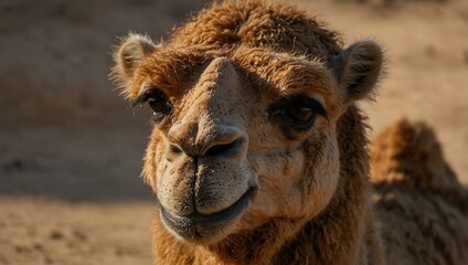 Close-up of a camel's face with a cheerful expression.