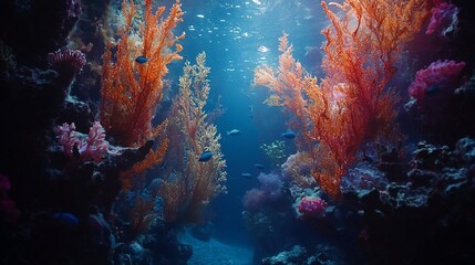 Naklejka premium Vibrant coral reef scene in a large aquarium, showcasing colorful coral formations, fish, and sunlight filtering through the water.