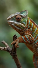 Fototapeta premium Close-up of a chameleon on a branch, observing its surroundings.