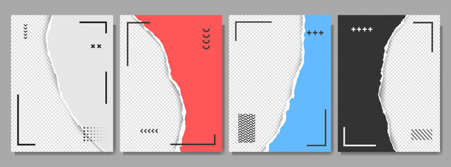 Vector illustration. Torn paper effect overlay set. Design element for poster, invitation, layout, magazine, book cover. Decorative art. A4 size layer with 3d shadow effect and memphis pattern frame