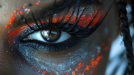 A woman's eye is painted with a blue and orange design