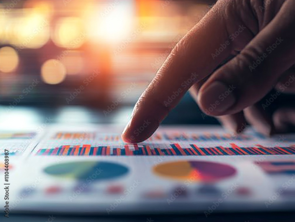 Aufkleber A hand is pointing at colorful pie charts and bar graphs on a digital display within a corporate environment, emphasizing the detailed financial analysis taking place