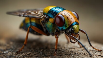 Close-up of a colorful insect with intricate details.
