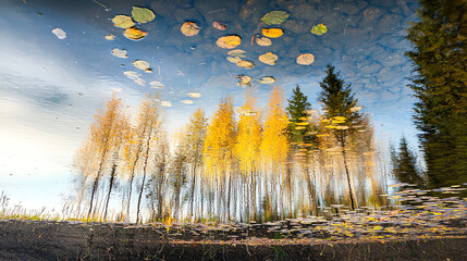 Reflection of autumn trees in a calm pond showcasing vibrant colors and serene natural beauty