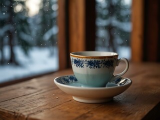 Obraz premium Close-up of a cup of tea on the edge of a table in a cozy winter cabin.