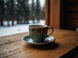 Obraz premium Close-up of a cup of tea on the edge of a table in a cozy winter cabin.