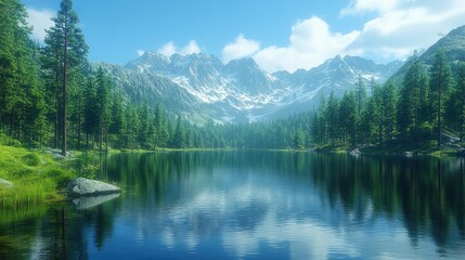 Serene mountain lake reflecting snowy peaks under a sunny sky.