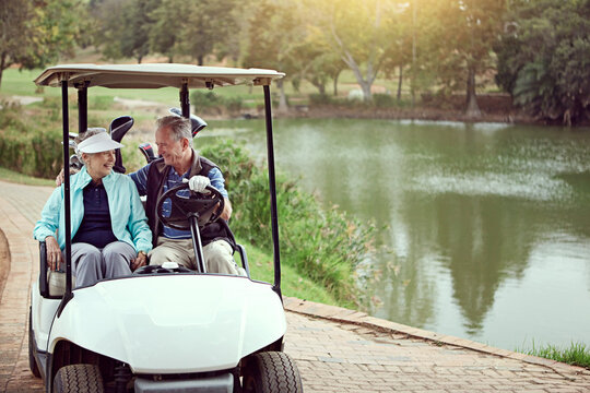 Senior couple, happy and golf cart for sports, game and recreation with weekend hobby, bonding and fitness. People, love and smile on course for exercise, practice and club competition with leisure