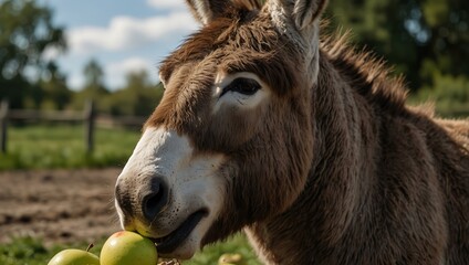 Fototapeta premium Close-up of a donkey eating apples on a farm.