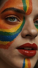 Close-up of a face painted with pride colors.