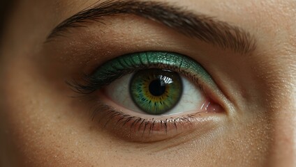 Obraz premium Close-up of a female eye with green makeup.