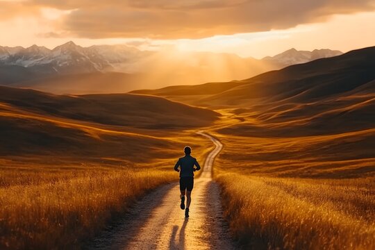 Dynamic running moments in nature and urban rain: inspiring images of fitness, resilience, and connection with the outdoors in stunning scenic backdrops
