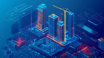 Futuristic infrastructure of a smart night city. Residential urban buildings for isometric innovation flat design. Smart city vector illustration of town with digital communication technology.