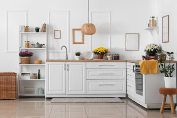 Interior of kitchen with counters, shelf unit and chrysanthemum flowers