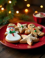 Close-up of an assortment of Christmas cookies with a background of a snowy window and warm, glowing candles, creating a festive holiday atmosphere., snowing outside the window