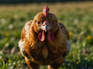 Close-up of a free-range chicken in a field.