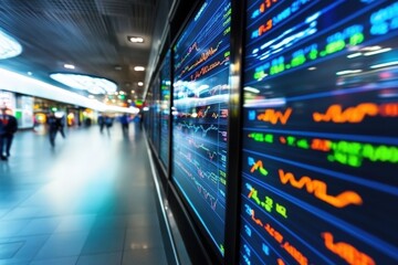 Vivid stock market displays showcase fluctuating financial data, creating a dynamic atmosphere that highlights the excitement and fast pace of the financial world in a modern environment.