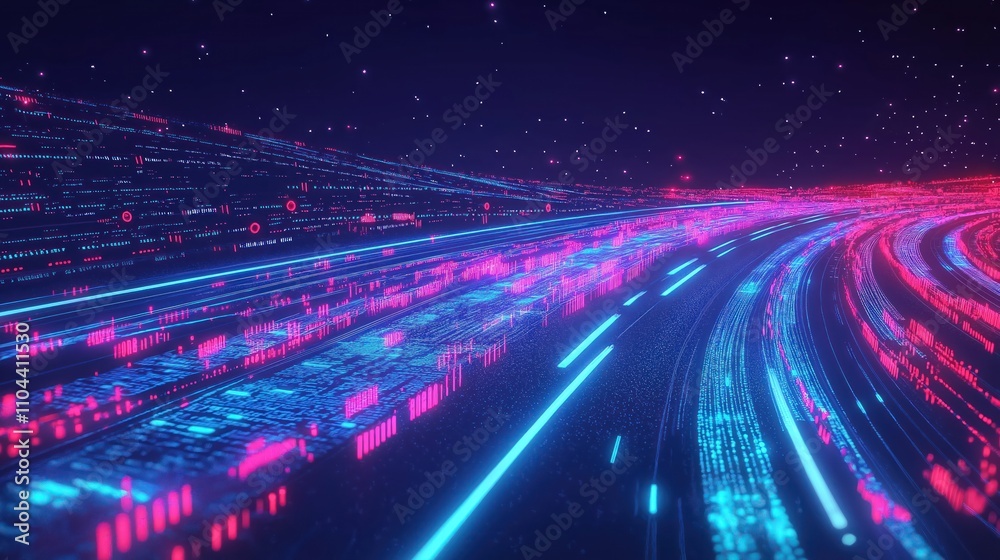 Poster Digital road shows fast data transfer. Cyber communication. Coding. Global tech. Agile digital transformation. Disruptive innovations. Generative AI. Futuristic. Speed. Dynamic. Data flow. Road