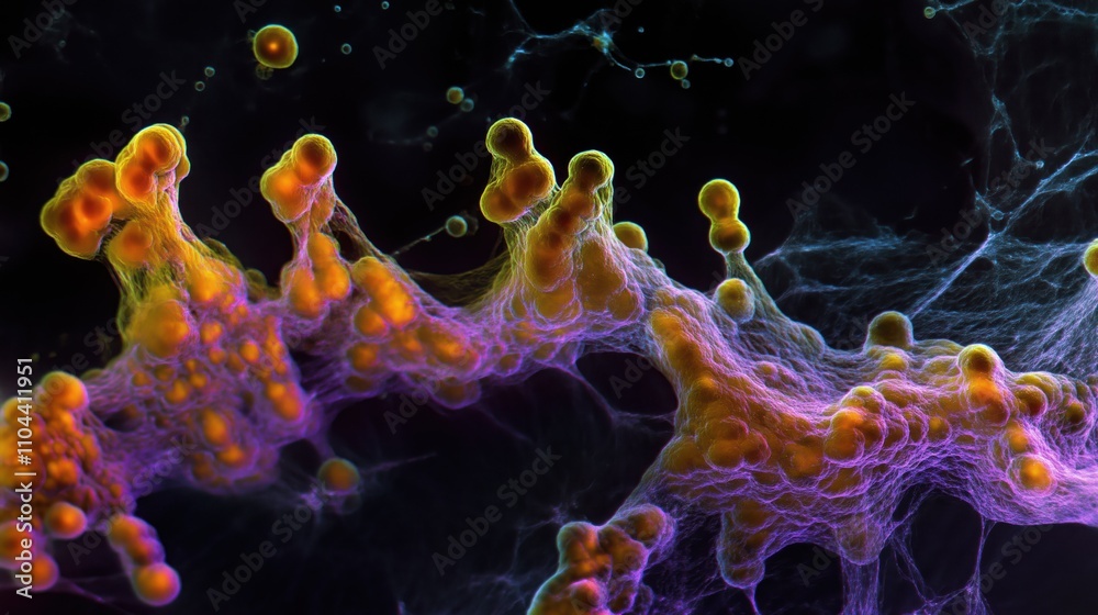 Aufkleber Microscopic view displays dynamic protein interaction. Actin, spectrin proteins form network. Cell cytoskeleton structure highlighted. Science research tech image. Biomedical study. Cellular