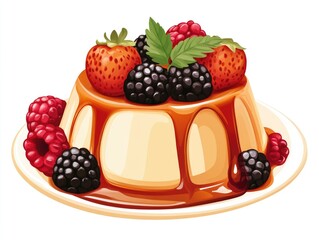 Illustrated image of berry fruit cake with a golden crust and berries on top.