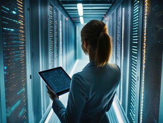 A woman in a data center holding a tablet, analyzing and managing digital operations.
