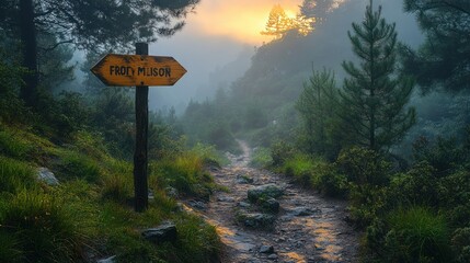 Misty mountain path with a signpost at sunset.