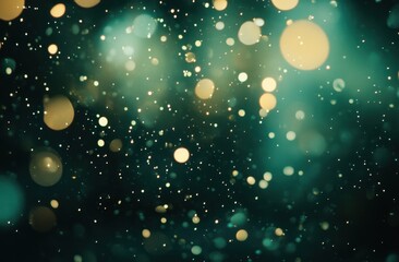 Fototapeta premium Abstract background with bokeh lights and glitter, teal and gold colors, glowing light effects, sparkling dust particles in the air, dark green backdrop, night sky.