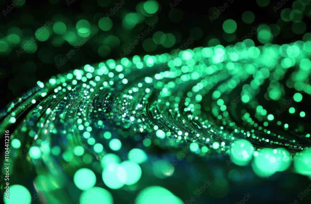 Aufkleber green fiber-optic light waves, glowing and sparkling in the dark, with a shallow depth of field and 
