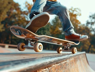 A person riding a skateboard, performing an ollie trick at the edge of a skate park ramp.