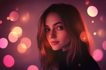 Beautiful girl with brown hair and brown eyes, set against a background of pink and purple lights, in a portrait with a bokeh effect, in the style of digital art.