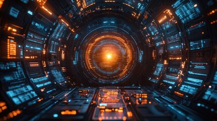 Fototapeta premium . Futuristic spaceship corridor with glowing lights and technological details.