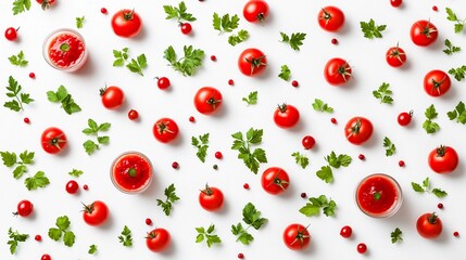 Fresh tomatoes and herbs arranged in a vibrant display on a white background