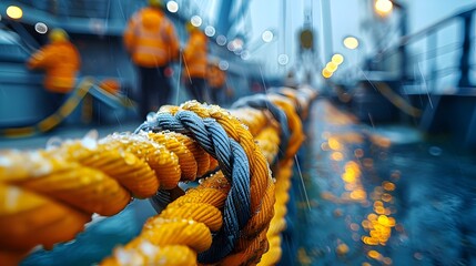 A rope with a yellow and blue section is wet