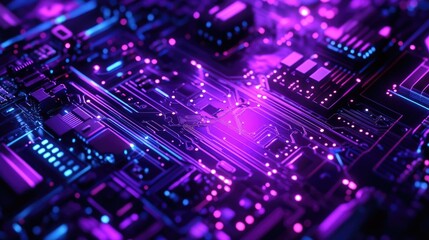 Obraz premium Purple and blue digital circuit board design with geometric shapes, ideal for technology themes or as a microstock image.