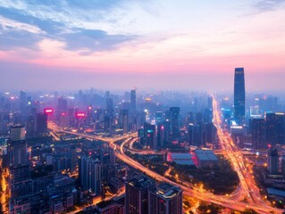 Fototapeta premium This panoramic view captures a vibrant smart city at twilight, highlighting advanced infrastructure, efficient transport routes, and eco-friendly urban planning